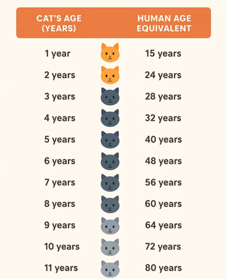 Chart showing how to calculate cat age in human years with easy comparison.